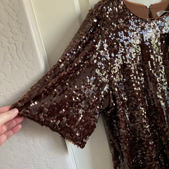 LOFT XL Brown Fully Sequined Shimmer Short Sleeve Dressy Holiday Blouse - NEW - Picture 2 of 8